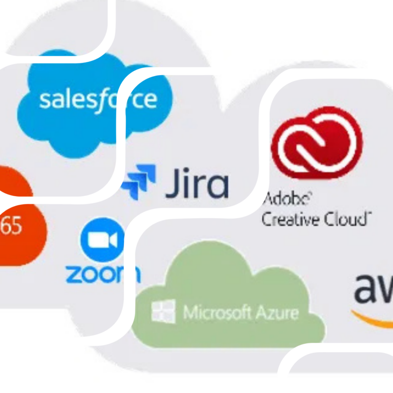 Иконки SaaS-приложений и облачных сервисов: Salesforce, Jira, Adobe Creative Cloud, Microsoft Azure, Zoom и AWS для управления программными активами